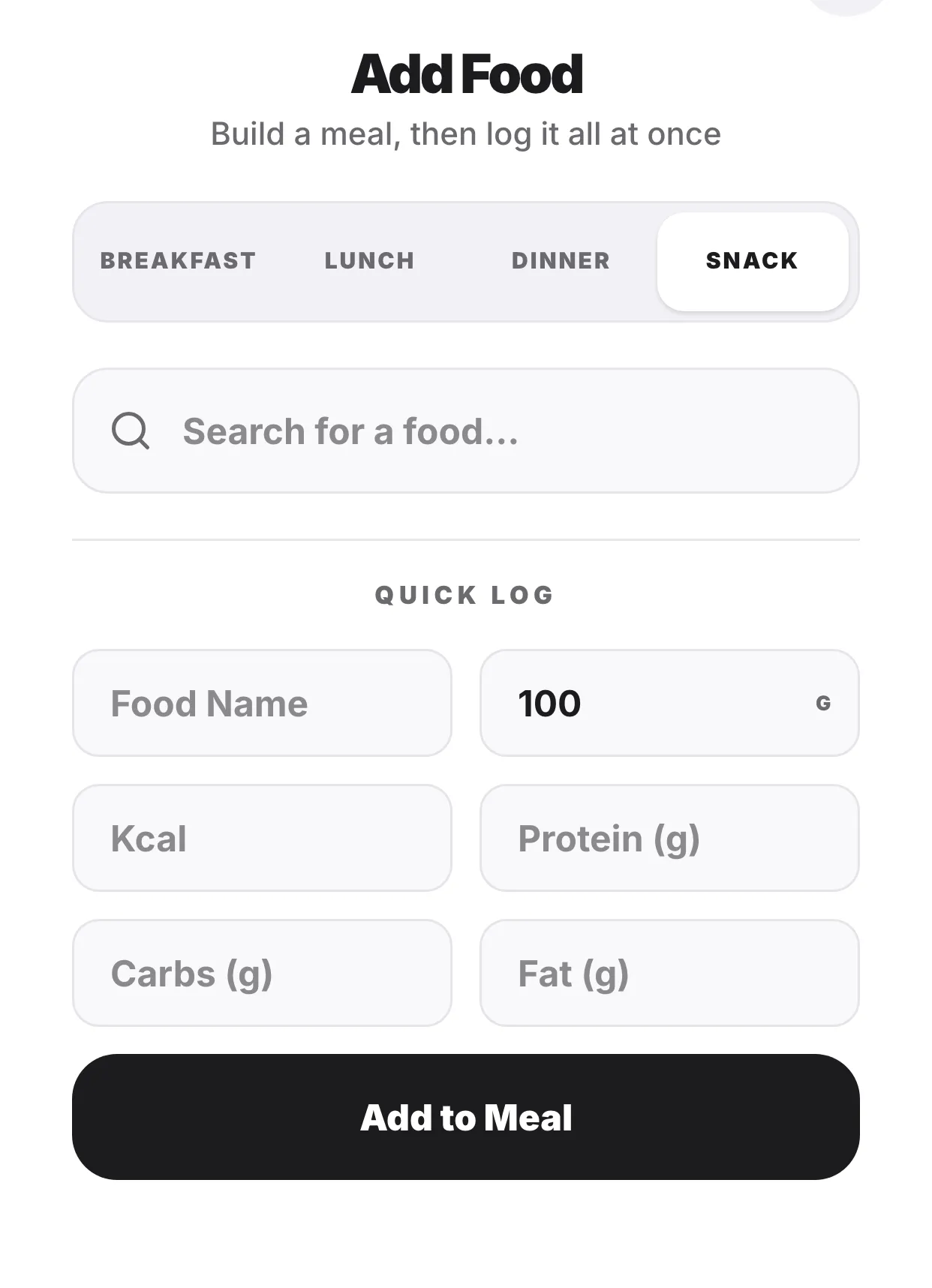 The manual path — search for a food, or quick-log a name with grams, calories and macros typed by hand.