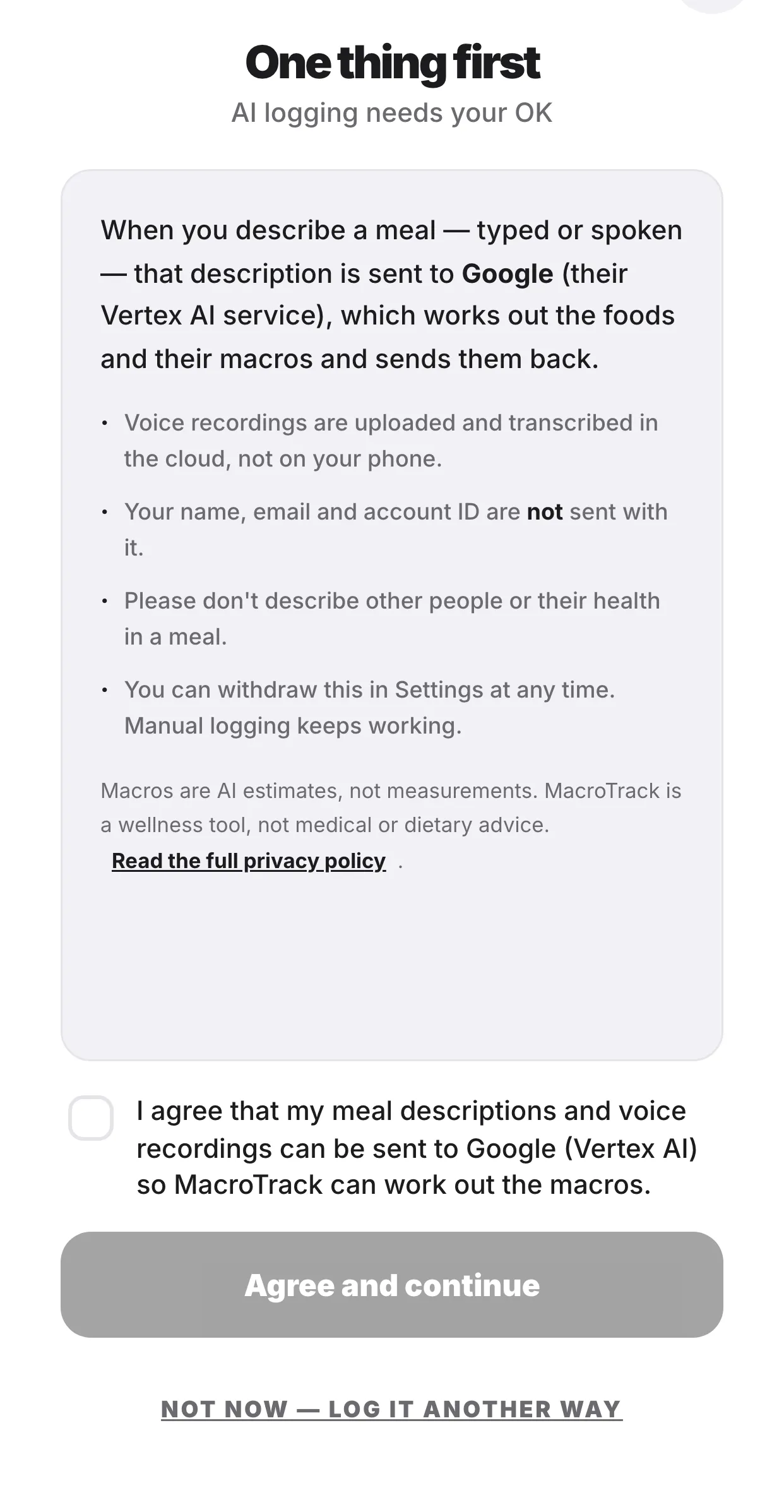 The consent gate shown before any AI logging — what gets sent to Google, that voice is transcribed in the cloud, that name and account ID are not included, and that consent can be withdrawn while manual logging keeps working.