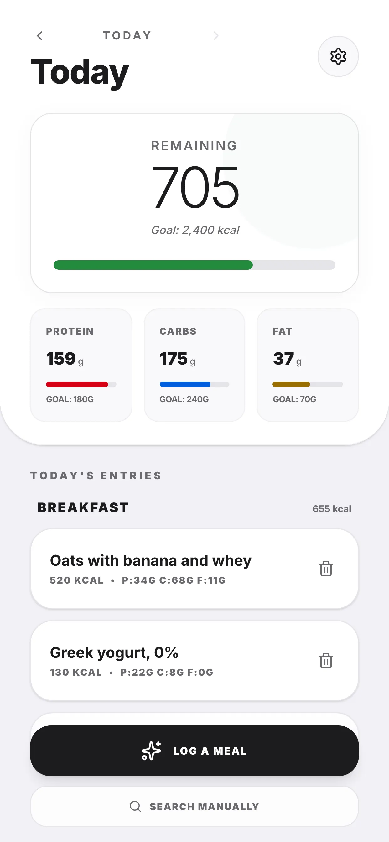 MacroTrack's Today screen — 705 calories remaining against a 2,400 kcal goal, protein, carbs and fat tracked against their own targets, and the day's logged meals beneath.