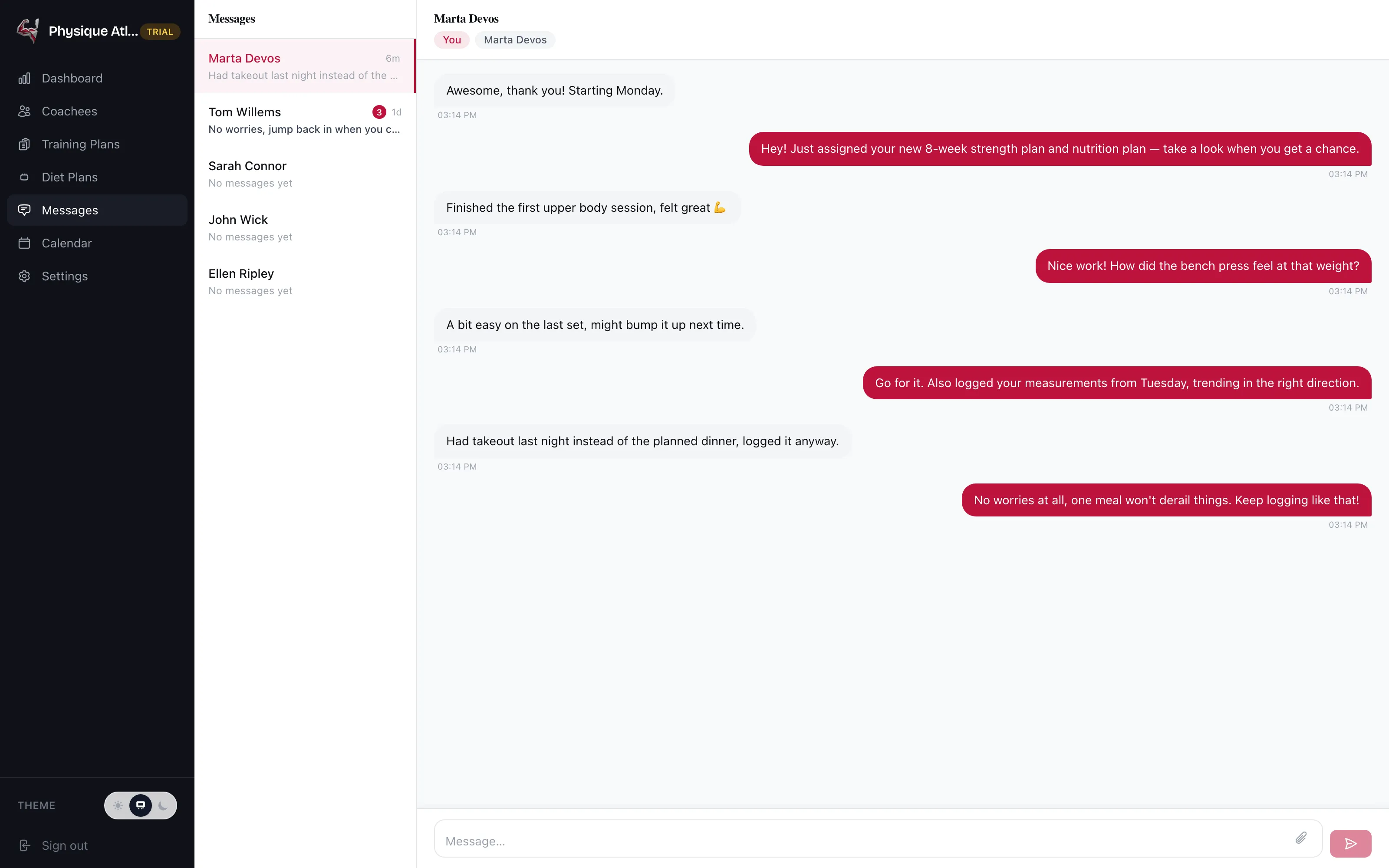 The coach's message list beside an open thread, where a coachee reports how a session felt and the coach replies about load selection.