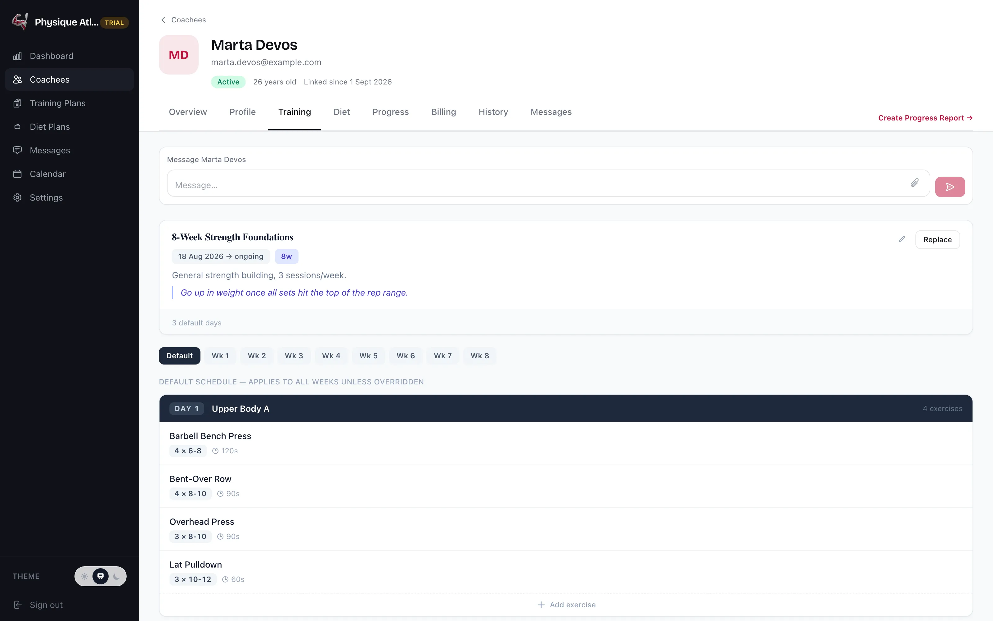 The training tab for one coachee — an eight-week plan with a per-week selector, and Day 1 broken out into exercises with sets, rep ranges and rest periods.