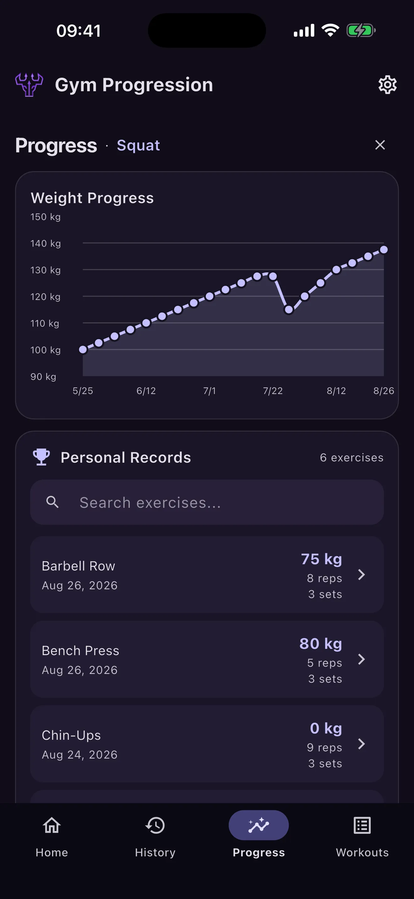 Progression's progress view — a squat chart climbing from 100 kg to 140 kg across three months, above a list of per-exercise personal records.