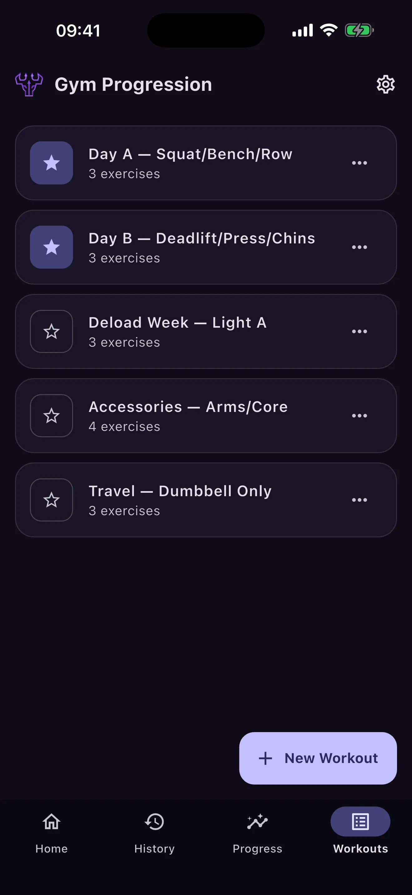 Saved workout templates — Day A and Day B starred as favourites, plus deload, accessory and dumbbell-only travel variants.